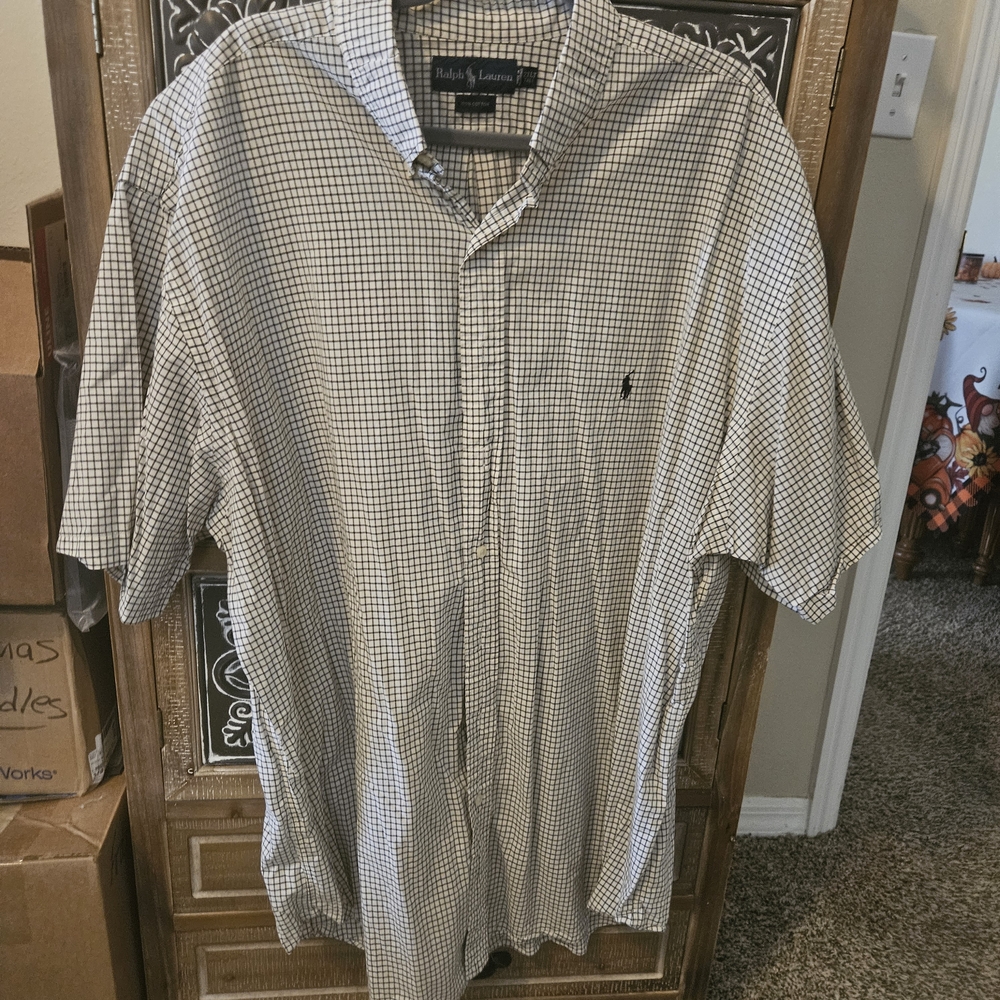 Ralph Lauren Men's Dark Blue and White Plaid Shirt Excellent Condition